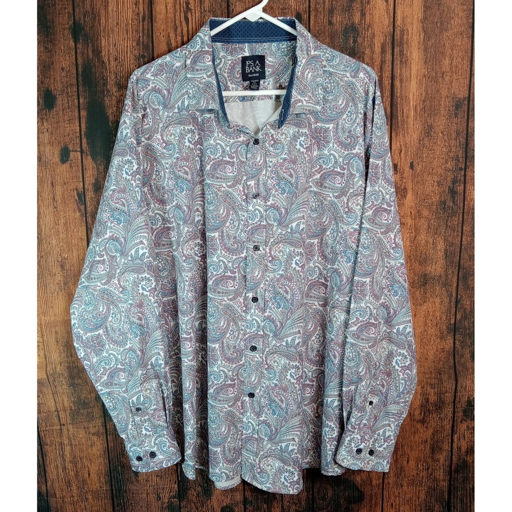 Jos A Bank Traveler Mens XXL Tailored Fit Paisley Long Sleeve Button Up Shirt